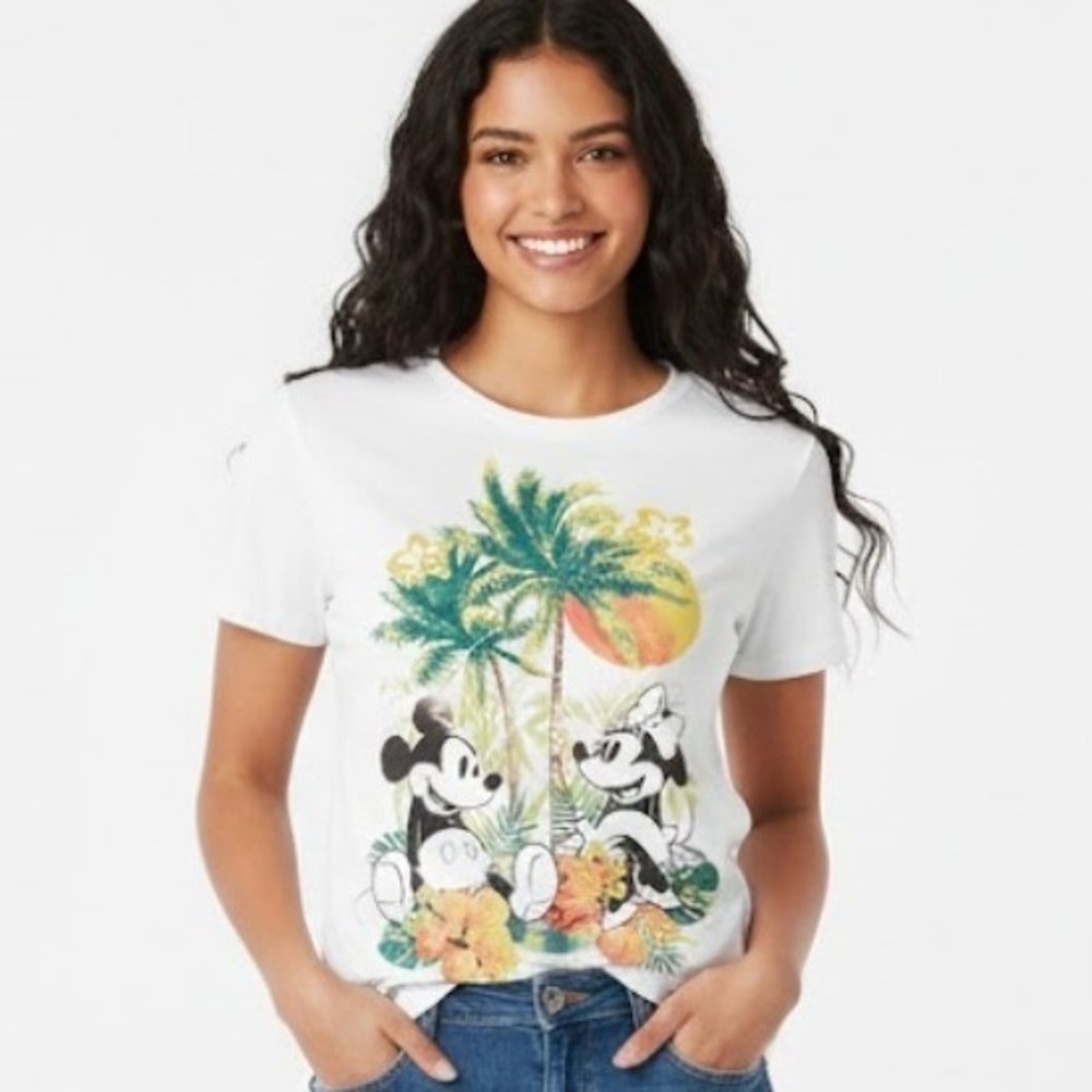 Disney Mickey Mouse Tropical Palms Paradise T Shirt Womens S White Graphic Tee